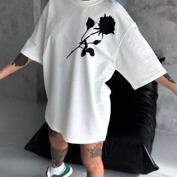 kadın Bisiklet Yaka Baskılı Oversize  Kısa kol T-Shirt - Beyaz