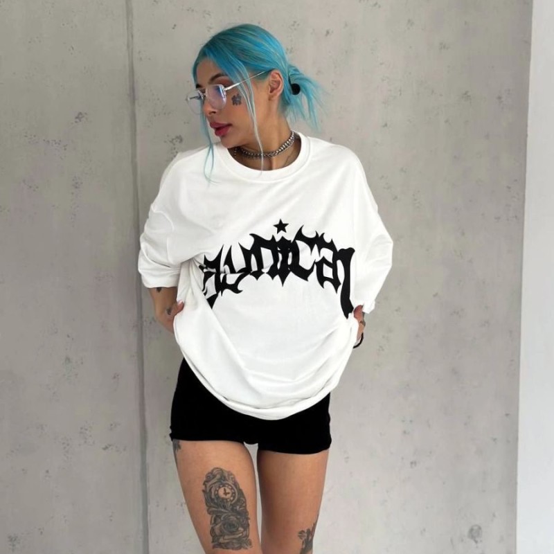 kadın Bisiklet Yaka Baskılı Oversize  Kısa kol T-Shirt - Beyaz