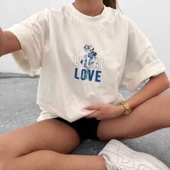 kadın Bisiklet Yaka Baskılı oversize  Kısa kol T-Shirt - Beyaz