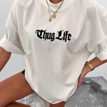 Kadın Bisiklet Yaka Baskılı Oversize  Kısa kol T-Shirt - Beyaz