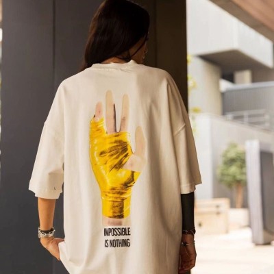 Kadın Bisiklet Yaka Baskılı Oversize  Kısa kol T-Shirt - Beyaz