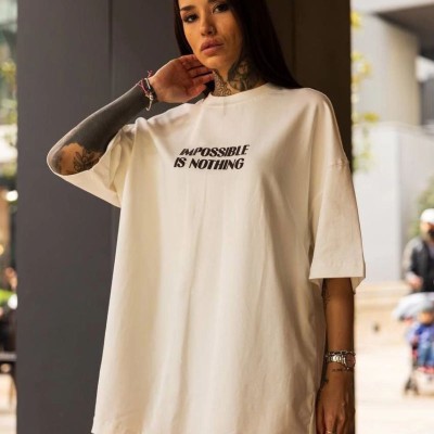 Kadın Bisiklet Yaka Baskılı Oversize  Kısa kol T-Shirt - Beyaz