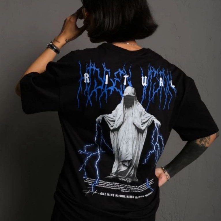 kadın Bisiklet Yaka Baskılı Oversize  Kısa kol T-Shirt - Siyah