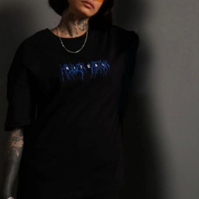kadın Bisiklet Yaka Baskılı Oversize  Kısa kol T-Shirt - Siyah