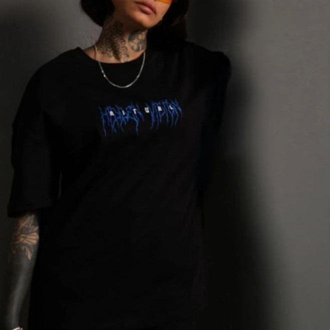 kadın Bisiklet Yaka Baskılı Oversize  Kısa kol T-Shirt - Siyah