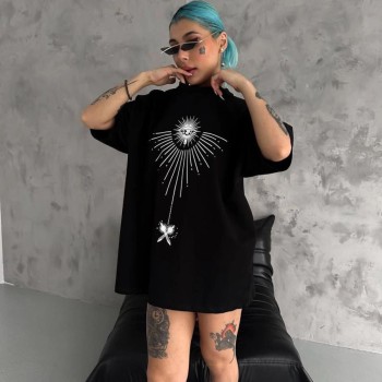 kadın Bisiklet Yaka Baskılı Oversize  Kısa kol T-Shirt - Siyah