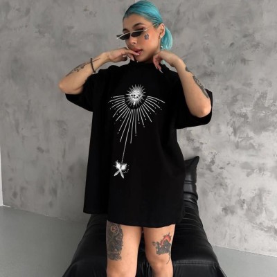 kadın Bisiklet Yaka Baskılı Oversize  Kısa kol T-Shirt - Siyah