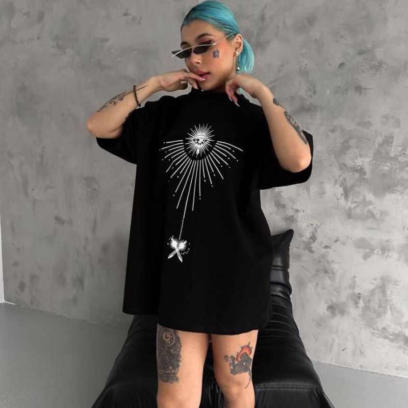 kadın Bisiklet Yaka Baskılı Oversize  Kısa kol T-Shirt - Siyah