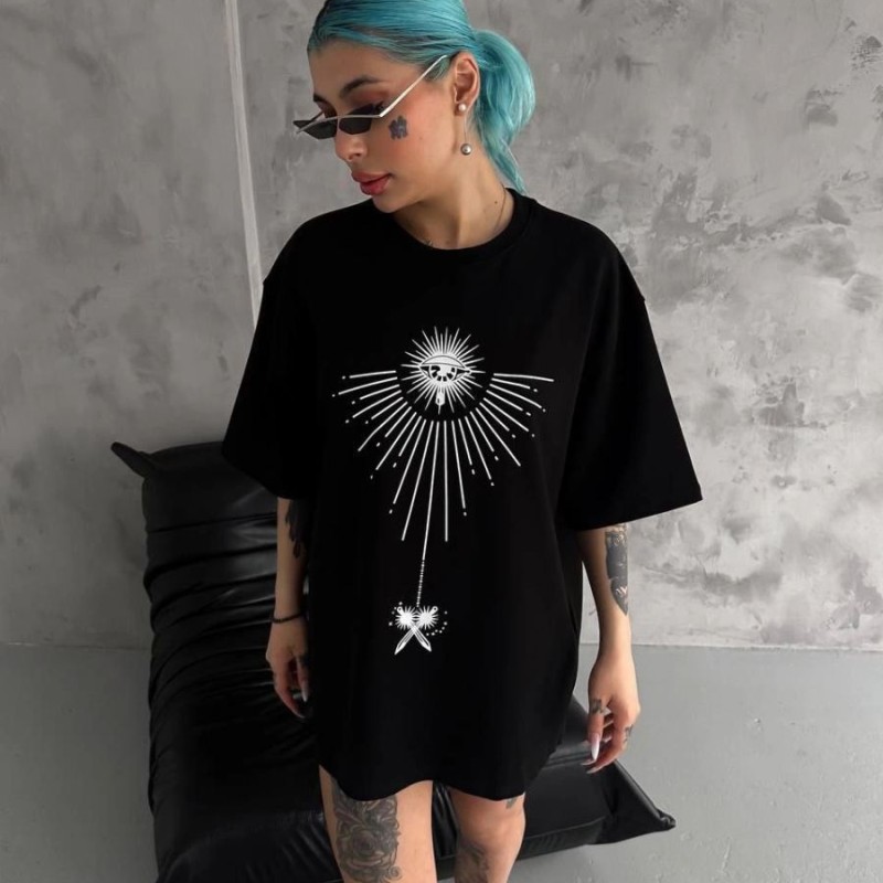 kadın Bisiklet Yaka Baskılı Oversize  Kısa kol T-Shirt - Siyah