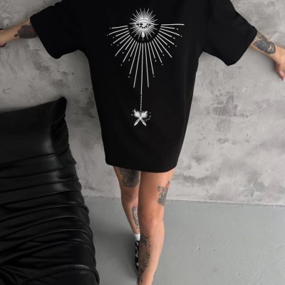 kadın Bisiklet Yaka Baskılı Oversize  Kısa kol T-Shirt - Siyah