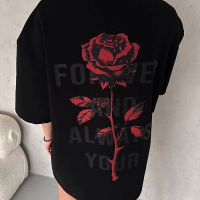 kadın Bisiklet Yaka Baskılı Oversize  Kısa kol T-Shirt - Siyah