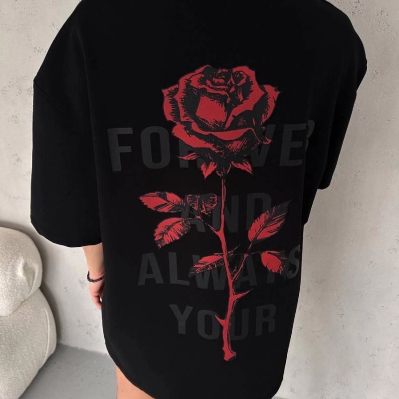 kadın Bisiklet Yaka Baskılı Oversize  Kısa kol T-Shirt - Siyah