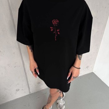 kadın Bisiklet Yaka Baskılı Oversize  Kısa kol T-Shirt - Siyah