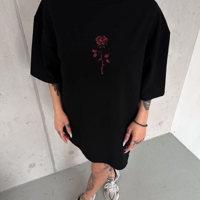 kadın Bisiklet Yaka Baskılı Oversize  Kısa kol T-Shirt - Siyah