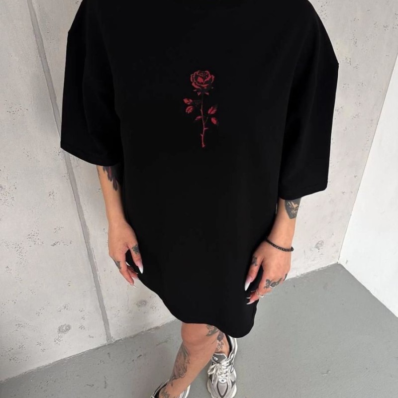 kadın Bisiklet Yaka Baskılı Oversize  Kısa kol T-Shirt - Siyah
