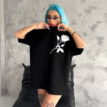 kadın Bisiklet Yaka Baskılı Oversize  Kısa kol T-Shirt - Siyah