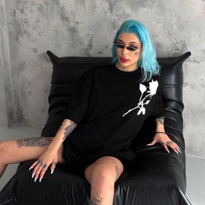 kadın Bisiklet Yaka Baskılı Oversize  Kısa kol T-Shirt - Siyah