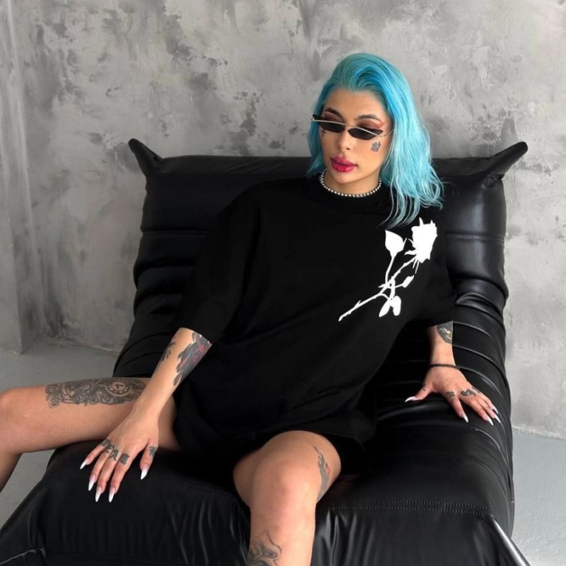 kadın Bisiklet Yaka Baskılı Oversize  Kısa kol T-Shirt - Siyah