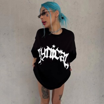 kadın Bisiklet Yaka Baskılı Oversize Kısa kol  T-Shirt - Siyah
