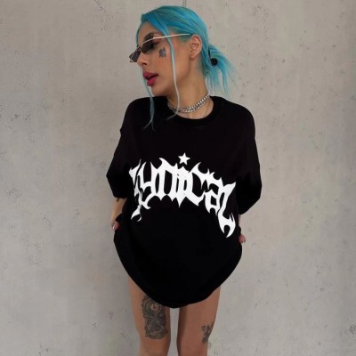 kadın Bisiklet Yaka Baskılı Oversize Kısa kol  T-Shirt - Siyah
