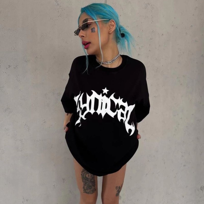 kadın Bisiklet Yaka Baskılı Oversize Kısa kol  T-Shirt - Siyah
