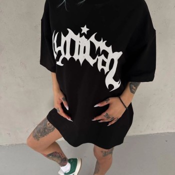 kadın Bisiklet Yaka Baskılı Oversize Kısa kol  T-Shirt - Siyah