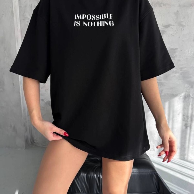 kadın Bisiklet Yaka Baskılı Oversize  Kısa kol T-Shirt - Siyah