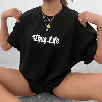 Kadın Bisiklet Yaka Baskılı Oversize  Kısa kol T-Shirt - Siyah