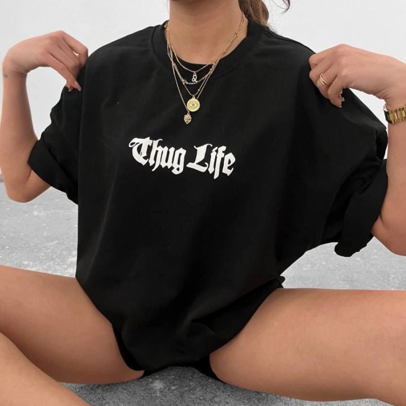 Kadın Bisiklet Yaka Baskılı Oversize  Kısa kol T-Shirt - Siyah