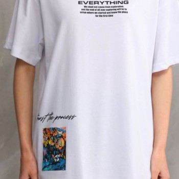 kadın Bisiklet Yaka Baskılı Oversize T-Shirt - Beyaz