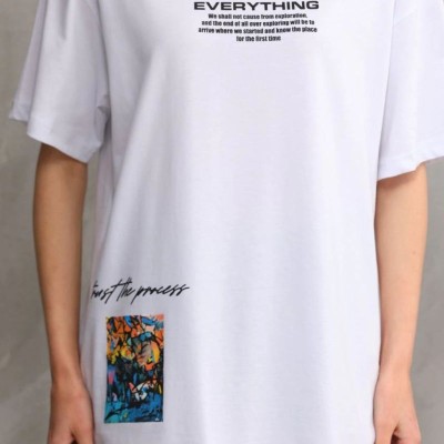 kadın Bisiklet Yaka Baskılı Oversize T-Shirt - Beyaz