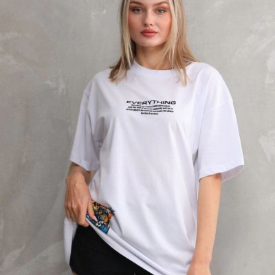 kadın Bisiklet Yaka Baskılı Oversize T-Shirt - Beyaz