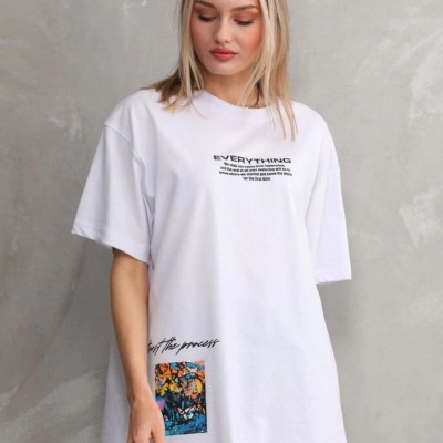 kadın Bisiklet Yaka Baskılı Oversize T-Shirt - Beyaz