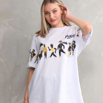 kadın Bisiklet Yaka Baskılı Oversize T-Shirt - Beyaz