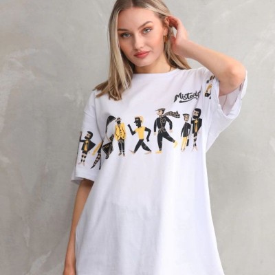 kadın Bisiklet Yaka Baskılı Oversize T-Shirt - Beyaz