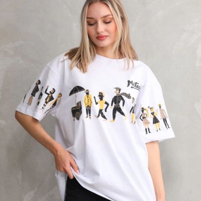 kadın Bisiklet Yaka Baskılı Oversize T-Shirt - Beyaz