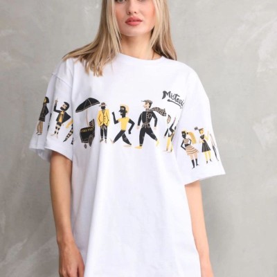 kadın Bisiklet Yaka Baskılı Oversize T-Shirt - Beyaz