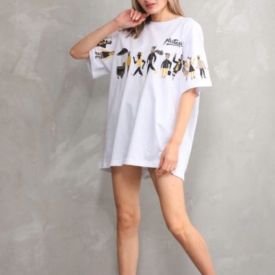 kadın Bisiklet Yaka Baskılı Oversize T-Shirt - Beyaz