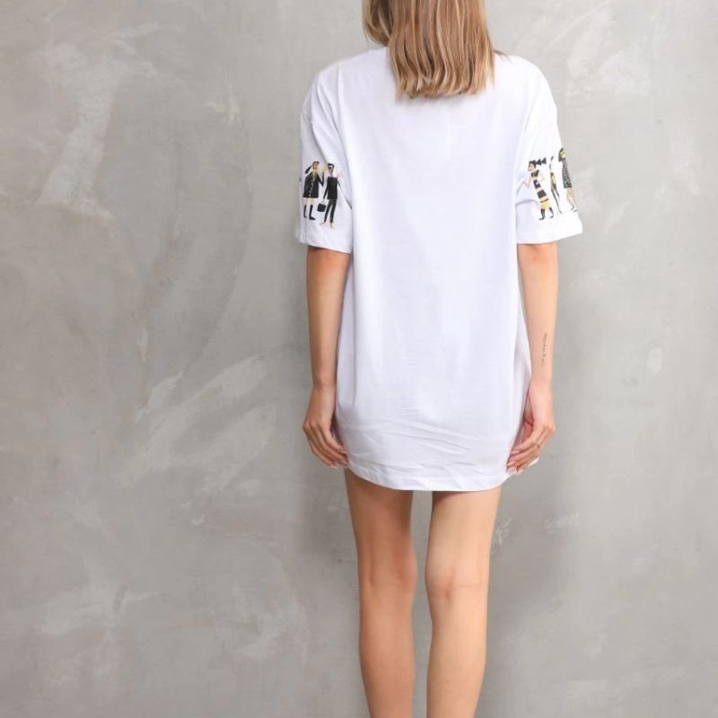 kadın Bisiklet Yaka Baskılı Oversize T-Shirt - Beyaz