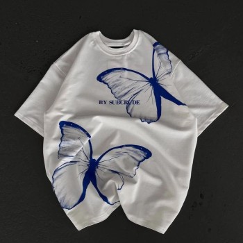 kadın  Bisiklet Yaka Baskılı Oversize T-Shirt - Beyaz