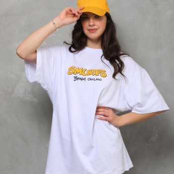 kadın Bisiklet Yaka Baskılı Oversize T-Shirt - Beyaz