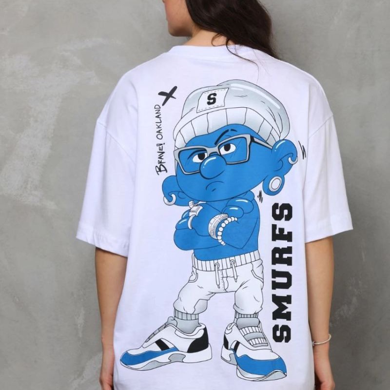 kadın Bisiklet Yaka Baskılı Oversize T-Shirt - Beyaz