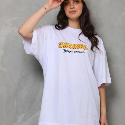kadın Bisiklet Yaka Baskılı Oversize T-Shirt - Beyaz