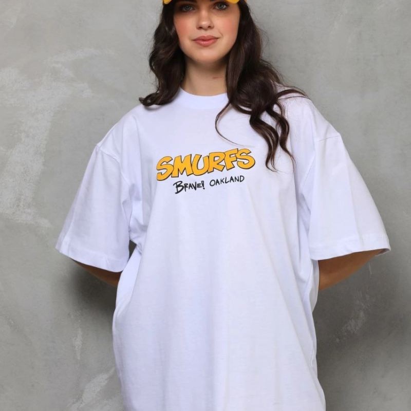 kadın Bisiklet Yaka Baskılı Oversize T-Shirt - Beyaz