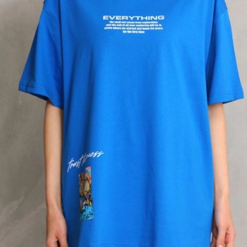 kadın Bisiklet Yaka Baskılı Oversize T-Shirt - Mavi