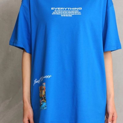 kadın Bisiklet Yaka Baskılı Oversize T-Shirt - Mavi
