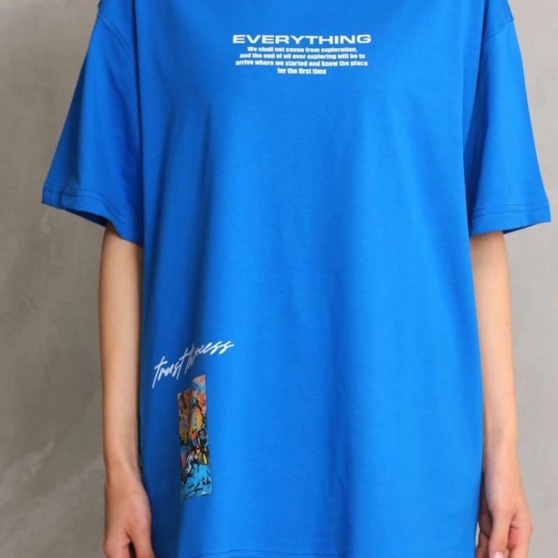 kadın Bisiklet Yaka Baskılı Oversize T-Shirt - Mavi