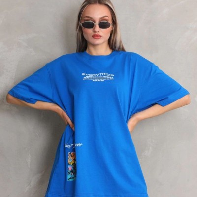 kadın Bisiklet Yaka Baskılı Oversize T-Shirt - Mavi