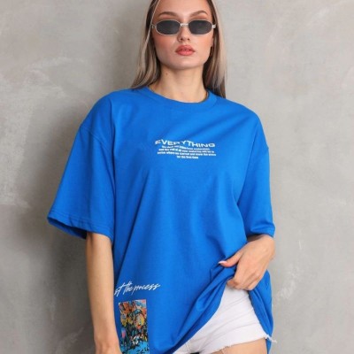 kadın Bisiklet Yaka Baskılı Oversize T-Shirt - Mavi