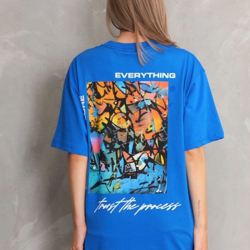 kadın Bisiklet Yaka Baskılı Oversize T-Shirt - Mavi